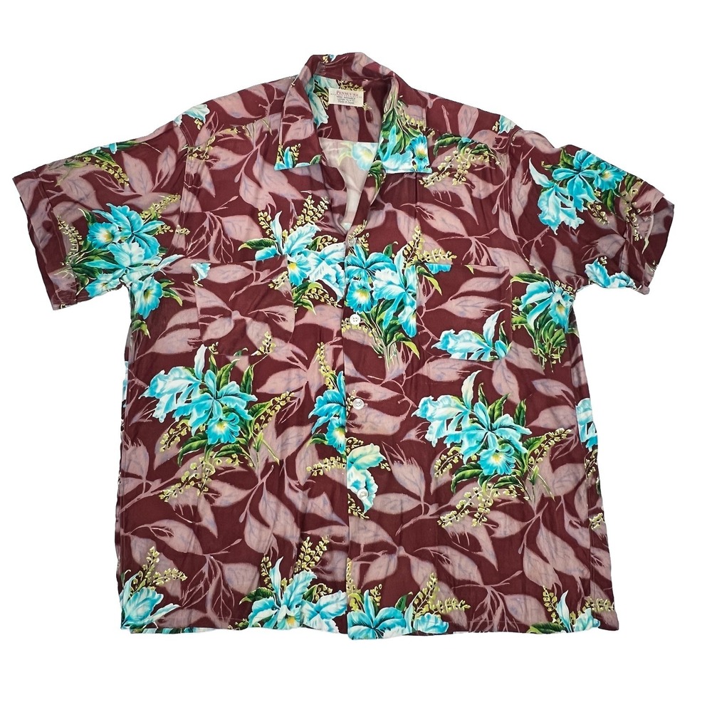 Vintage Penny's Japan 1950's-1960's Silky Rayon Print Hawaiian Shirt Sz L Floral